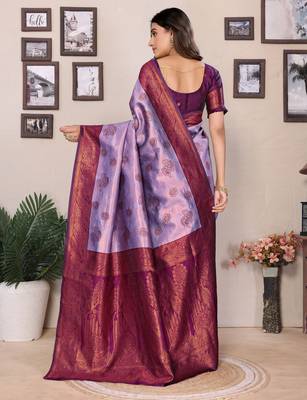 lavender wine silk blend banarasi saree with unstitched blouse piece 2