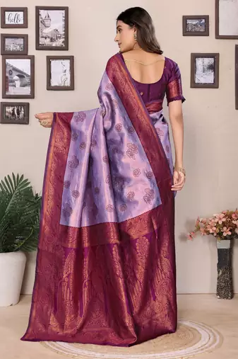 lavender wine silk blend banarasi saree with unstitched blouse piece