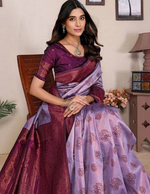 lavender wine silk blend banarasi saree with unstitched blouse piece 3
