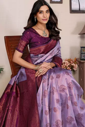 lavender wine silk blend banarasi saree with unstitched blouse piece