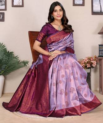 lavender wine silk blend banarasi saree with unstitched blouse piece 4