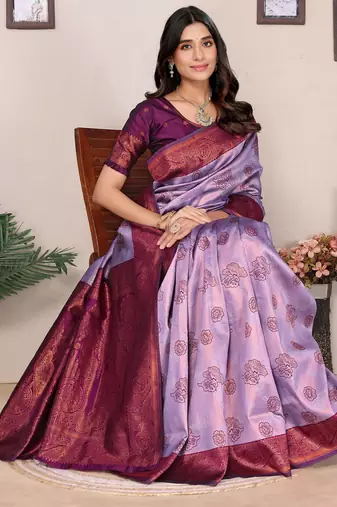 lavender wine silk blend banarasi saree with unstitched blouse piece
