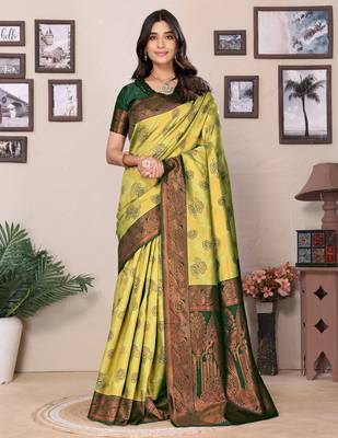 lemon green silk blend banarasi saree with unstitched blouse piece 1