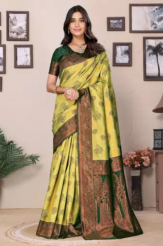 Lemon green  soft silk blend banarasi jacuard work designer party wear saree with unstitched blouse piece