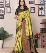 Lemon green  soft silk blend banarasi jacuard work designer party wear saree with unstitched blouse piece