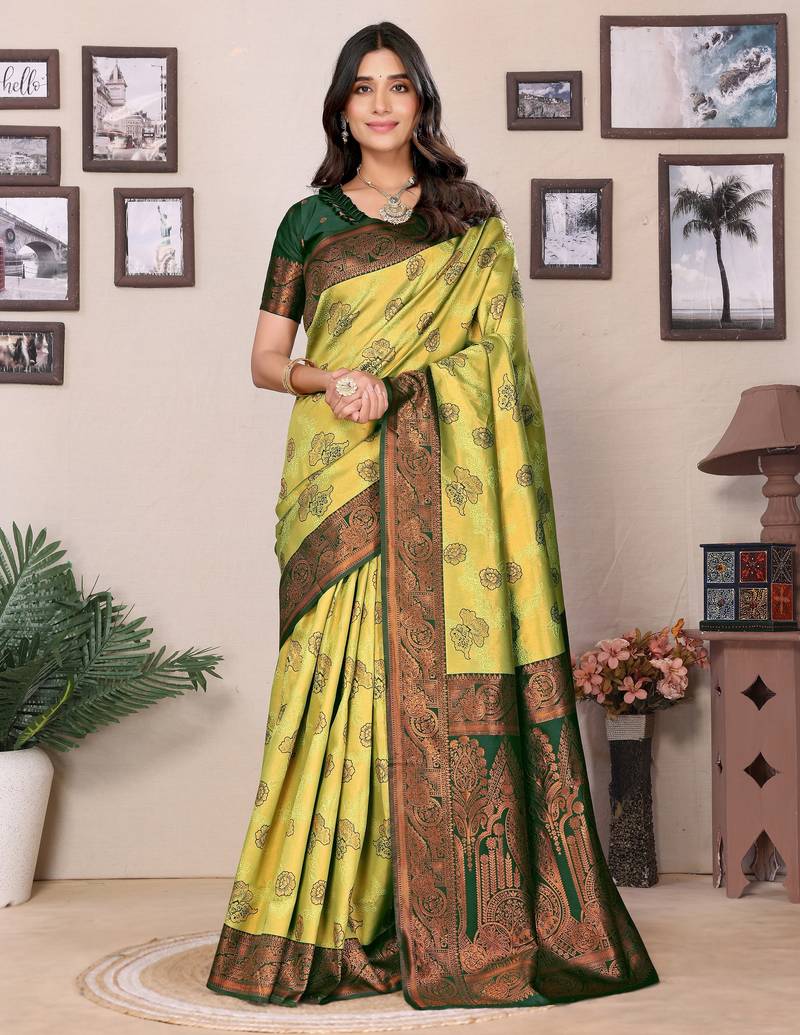 Lemon green  soft silk blend banarasi jacuard work designer party wear saree with unstitched blouse piece