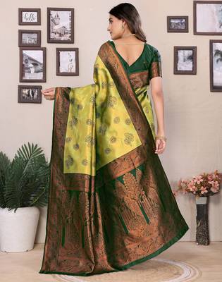 lemon green silk blend banarasi saree with unstitched blouse piece 2