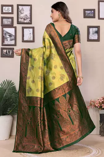 lemon green silk blend banarasi saree with unstitched blouse piece