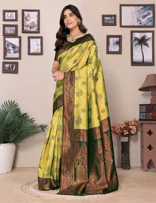 lemon green silk blend banarasi saree with unstitched blouse piece 3
