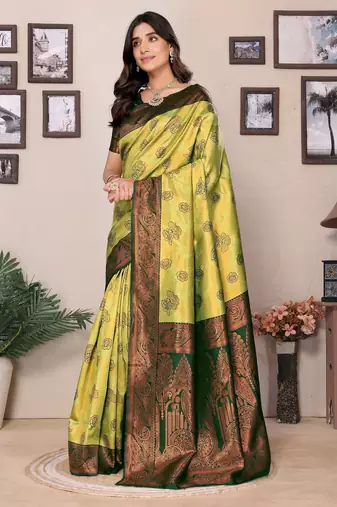 lemon green silk blend banarasi saree with unstitched blouse piece