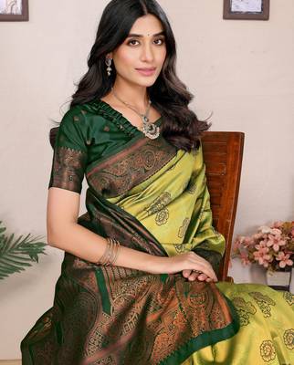 lemon green silk blend banarasi saree with unstitched blouse piece 4