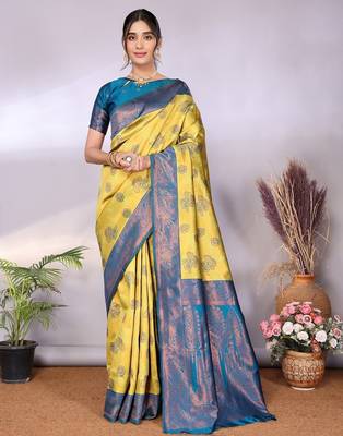 lemon morpich silk blend banarasi saree with unstitched blouse piece 1