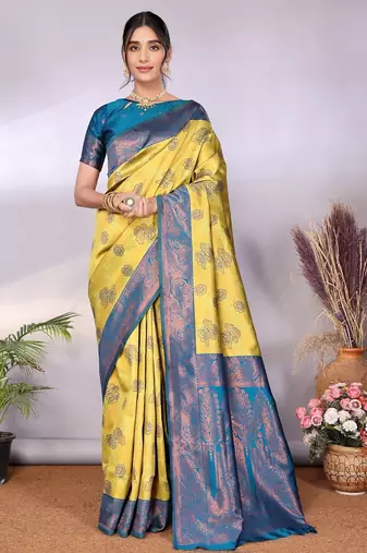 Lemon morpich soft silk blend banarasi jacuard work designer party wear saree with unstitched blouse piece