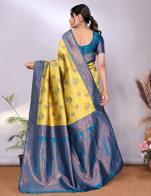 lemon morpich silk blend banarasi saree with unstitched blouse piece 2
