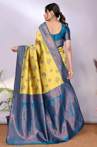 lemon morpich silk blend banarasi saree with unstitched blouse piece