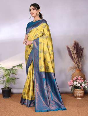 lemon morpich silk blend banarasi saree with unstitched blouse piece 3