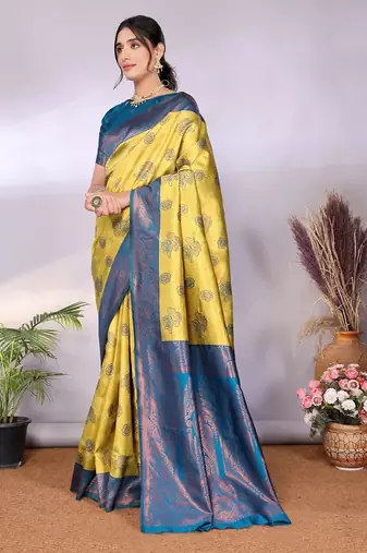 lemon morpich silk blend banarasi saree with unstitched blouse piece