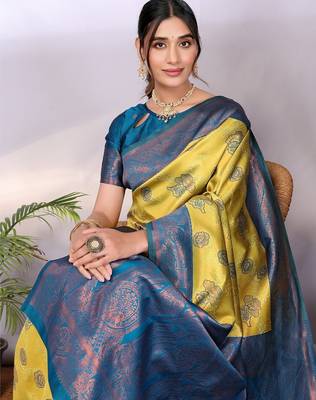 lemon morpich silk blend banarasi saree with unstitched blouse piece 4