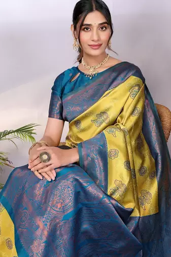 lemon morpich silk blend banarasi saree with unstitched blouse piece
