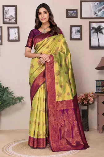 Lemon wine soft silk blend banarasi jacuard work designer party wear saree with unstitched blouse piece