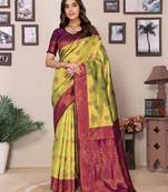 Lemon wine soft silk blend banarasi jacuard work designer party wear saree with unstitched blouse piece