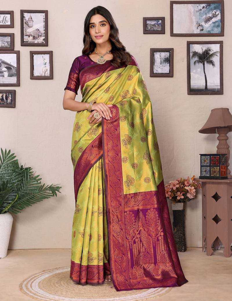 Lemon wine soft silk blend banarasi jacuard work designer party wear saree with unstitched blouse piece