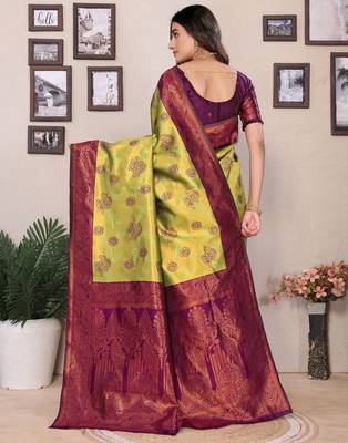 lemon wine silk blend banarasi saree with unstitched blouse piece 2