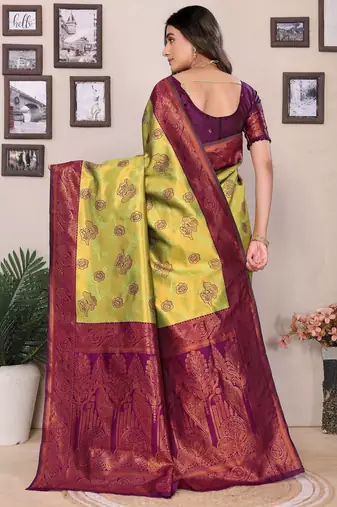 lemon wine silk blend banarasi saree with unstitched blouse piece