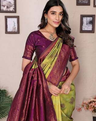 lemon wine silk blend banarasi saree with unstitched blouse piece 4
