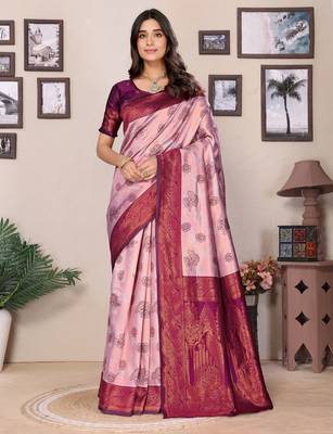 peach wine silk blend banarasi saree with unstitched blouse piece 1
