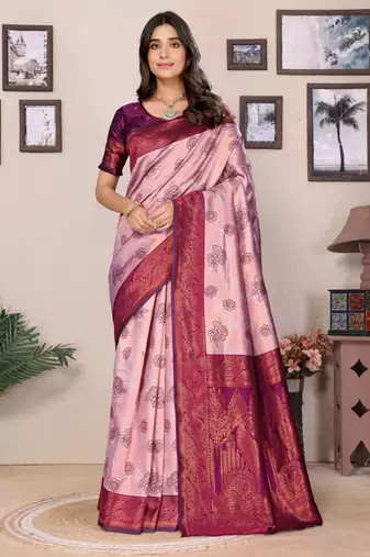 Peach wine   soft silk blend banarasi jacuard work designer party wear saree with unstitched blouse piece