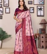 Peach wine   soft silk blend banarasi jacuard work designer party wear saree with unstitched blouse piece