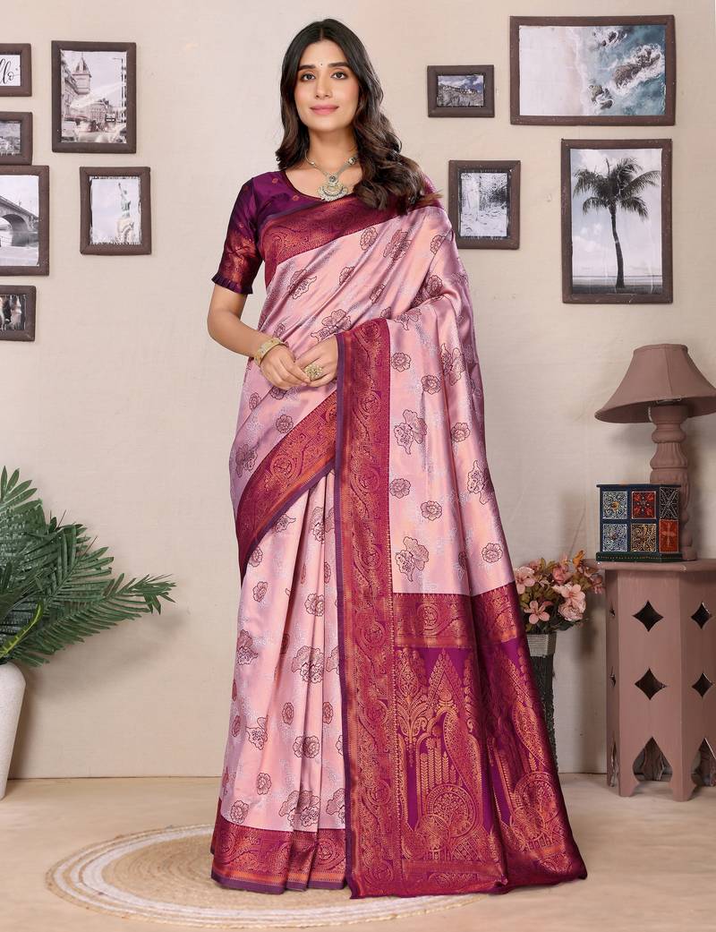 Peach wine   soft silk blend banarasi jacuard work designer party wear saree with unstitched blouse piece