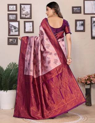 peach wine silk blend banarasi saree with unstitched blouse piece 2