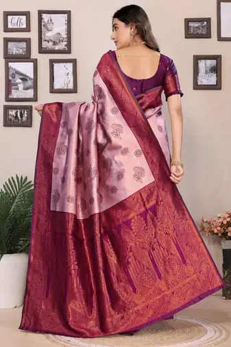 peach wine silk blend banarasi saree with unstitched blouse piece