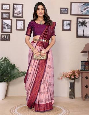 peach wine silk blend banarasi saree with unstitched blouse piece 4