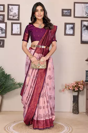 peach wine silk blend banarasi saree with unstitched blouse piece