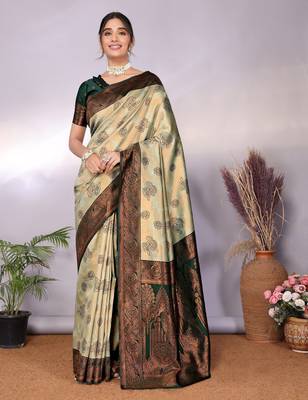 pista green silk blend banarasi saree with unstitched blouse piece 1