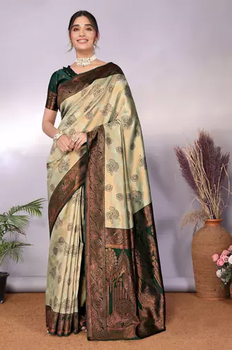 Pista green  soft silk blend banarasi jacuard work designer party wear saree with unstitched blouse piece
