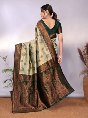 pista green silk blend banarasi saree with unstitched blouse piece 2