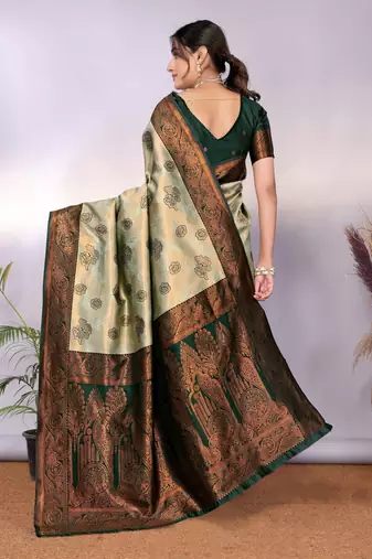 pista green silk blend banarasi saree with unstitched blouse piece