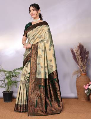 pista green silk blend banarasi saree with unstitched blouse piece 3