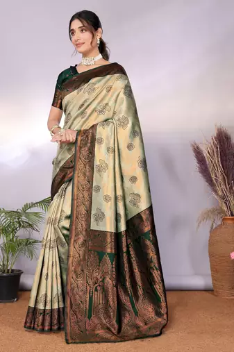 pista green silk blend banarasi saree with unstitched blouse piece