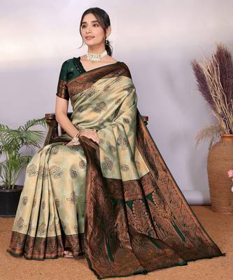 pista green silk blend banarasi saree with unstitched blouse piece 4