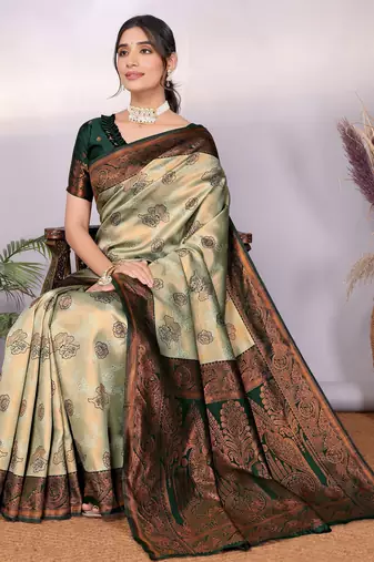 pista green silk blend banarasi saree with unstitched blouse piece