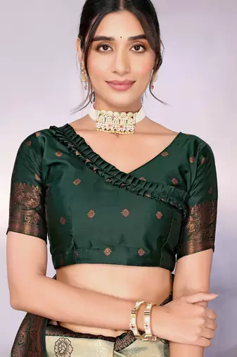 pista green silk blend banarasi saree with unstitched blouse piece