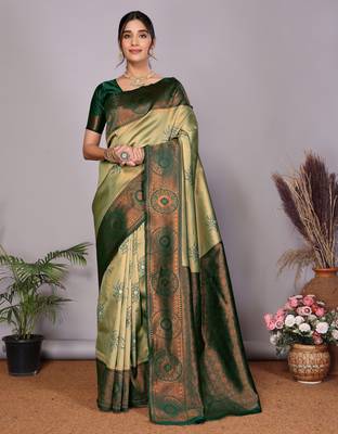 pista green silk blend banarasi saree with unstitched blouse piece 1