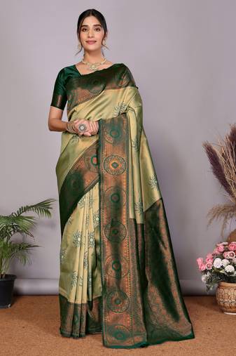pista green  soft art silk blend banarasi jacuard work designer party wear saree with unstitched blouse piece