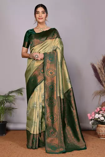 Pista green  soft silk blend banarasi jacuard work designer party wear saree with unstitched blouse piece