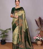 Pista green  soft silk blend banarasi jacuard work designer party wear saree with unstitched blouse piece